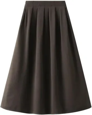 Korean Style High Waist Pleated Skirts Solid Office A-Line Midi Skirt Loose Slim-Looking Skirt