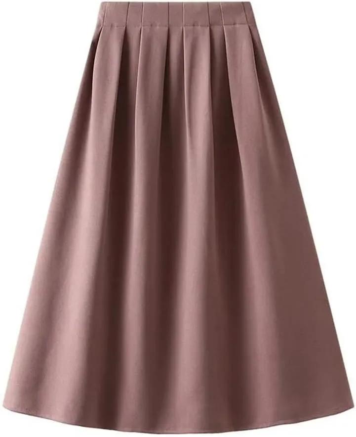 Korean Style High Waist Pleated Skirts Solid Office A-Line Midi Skirt Loose Slim-Looking Skirt