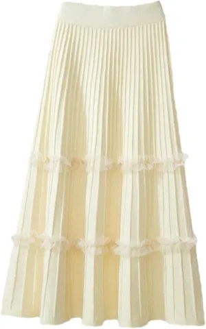 Lace Ruffle Knitted Midi Pleated Skirt Women Autumn Winter High Waist Umbrella Solid Skirt Stitching A-Line Long Skirt
