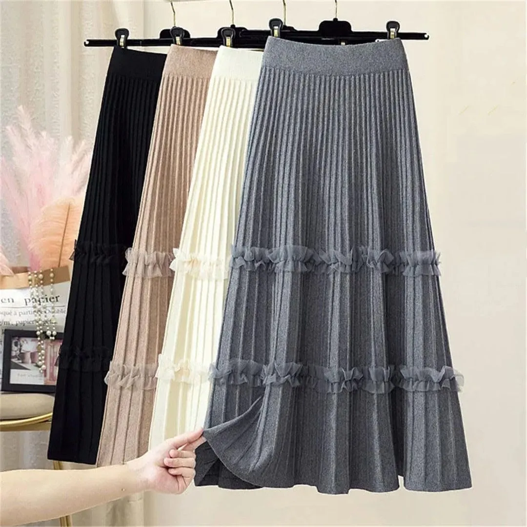 Lace Ruffle Knitted Midi Pleated Skirt Women Autumn Winter High Waist Umbrella Solid Skirt Stitching A-Line Long Skirt
