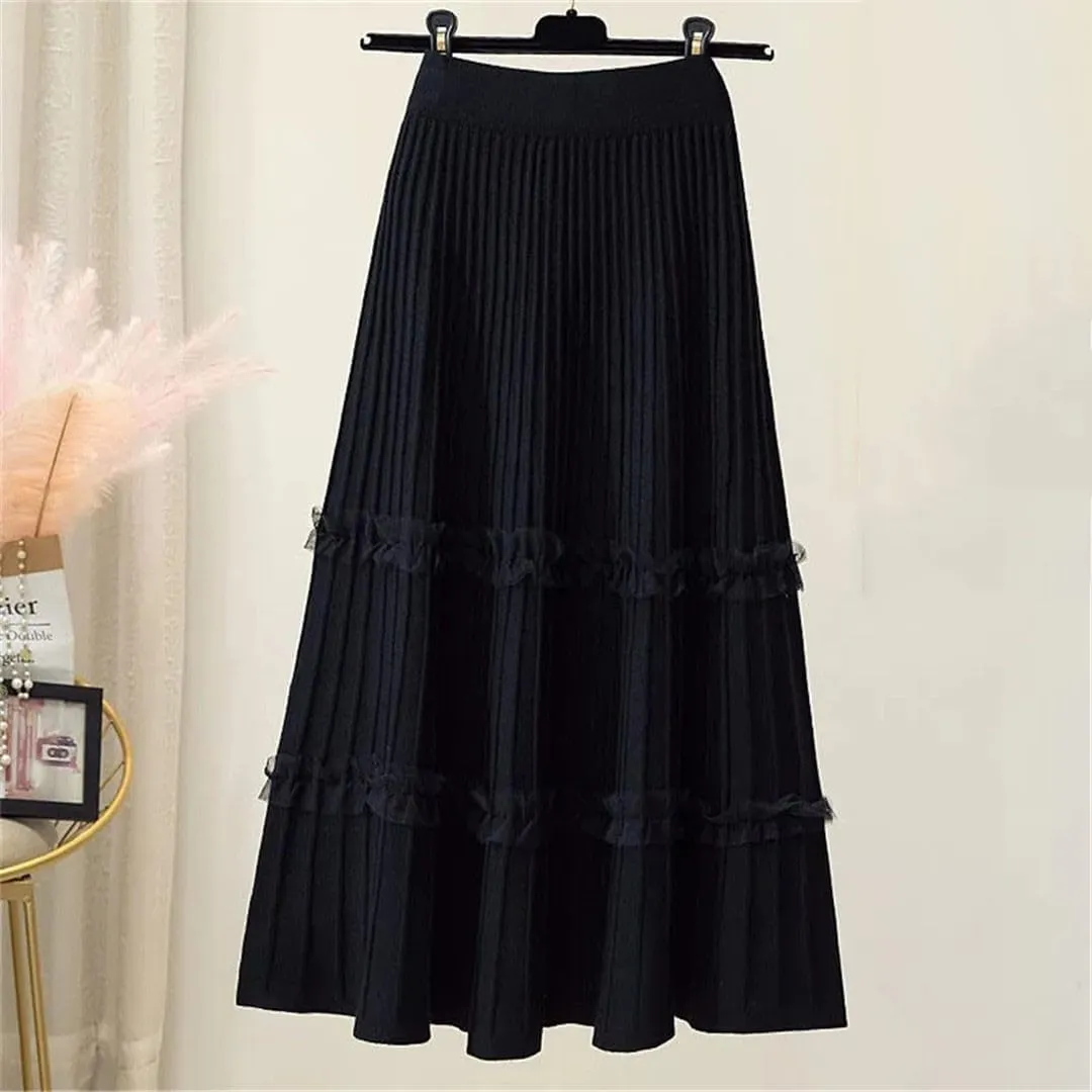 Lace Ruffle Knitted Midi Pleated Skirt Women Autumn Winter High Waist Umbrella Solid Skirt Stitching A-Line Long Skirt