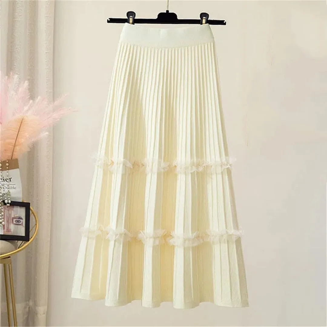Lace Ruffle Knitted Midi Pleated Skirt Women Autumn Winter High Waist Umbrella Solid Skirt Stitching A-Line Long Skirt