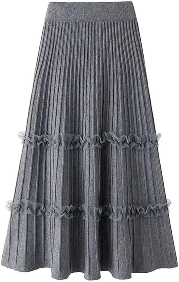 Lace Ruffle Knitted Midi Pleated Skirt Women Autumn Winter High Waist Umbrella Solid Skirt Stitching A-Line Long Skirt