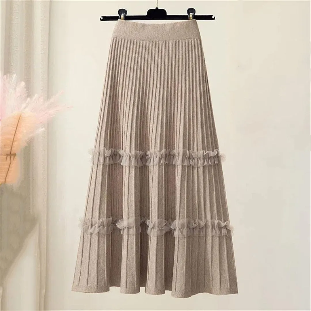Lace Ruffle Knitted Midi Pleated Skirt Women Autumn Winter High Waist Umbrella Solid Skirt Stitching A-Line Long Skirt