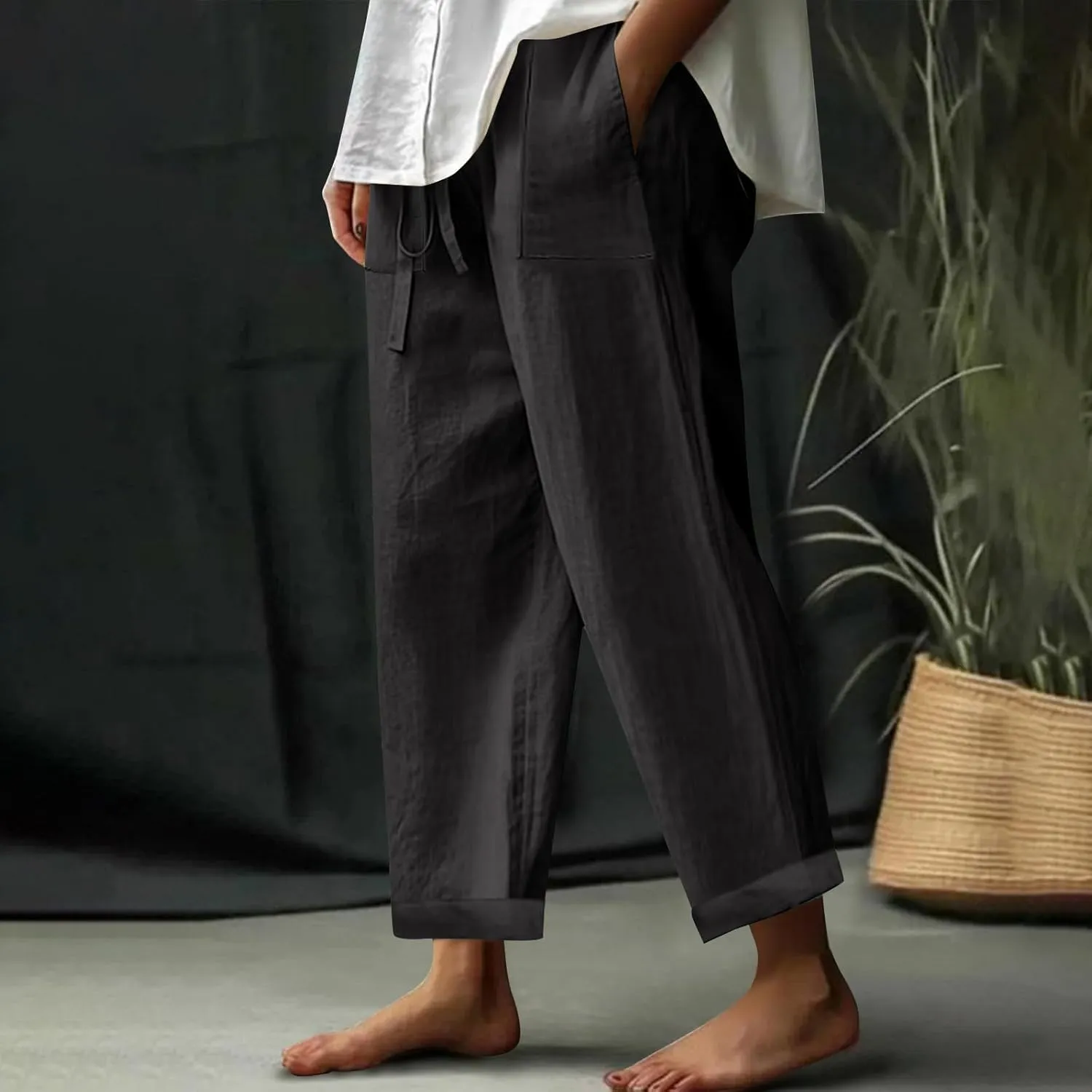 Lastesso Linen Pants Women Lightweight Cotton Summer Lounge Trousers Casual Low Rise Boho Vacation Outfits with Pockets