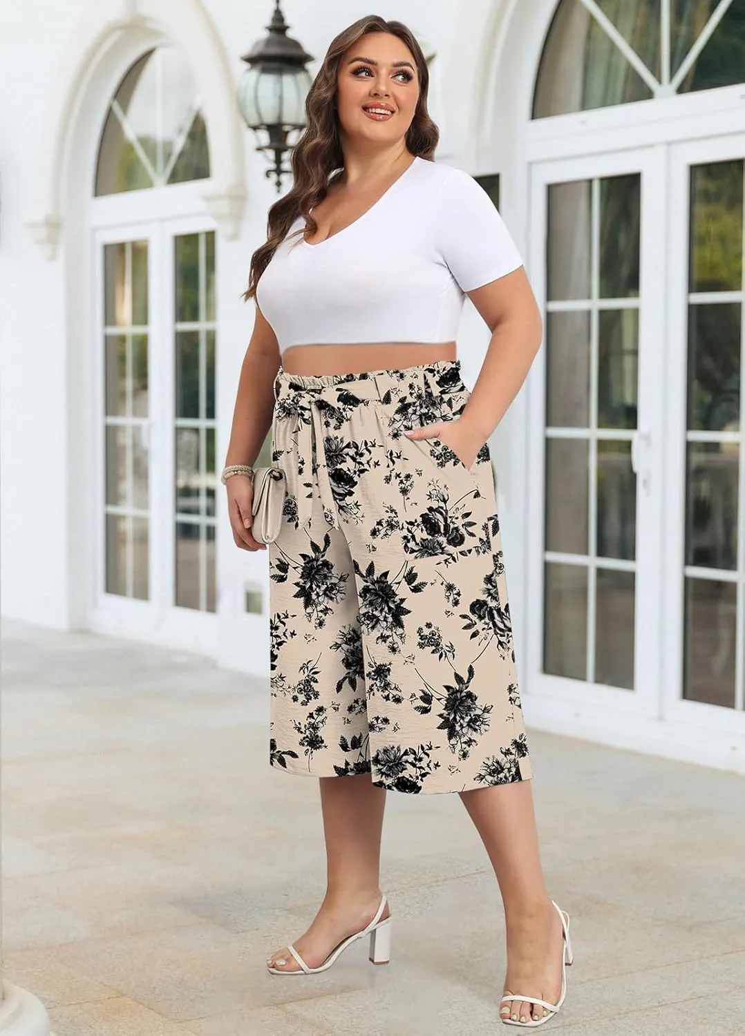Lastshe Women's Casual Plus Size Cropped Wide-Leg Pants with Pockets High Waisted Adjustable Tie Knot Capri Palazzo Trousers