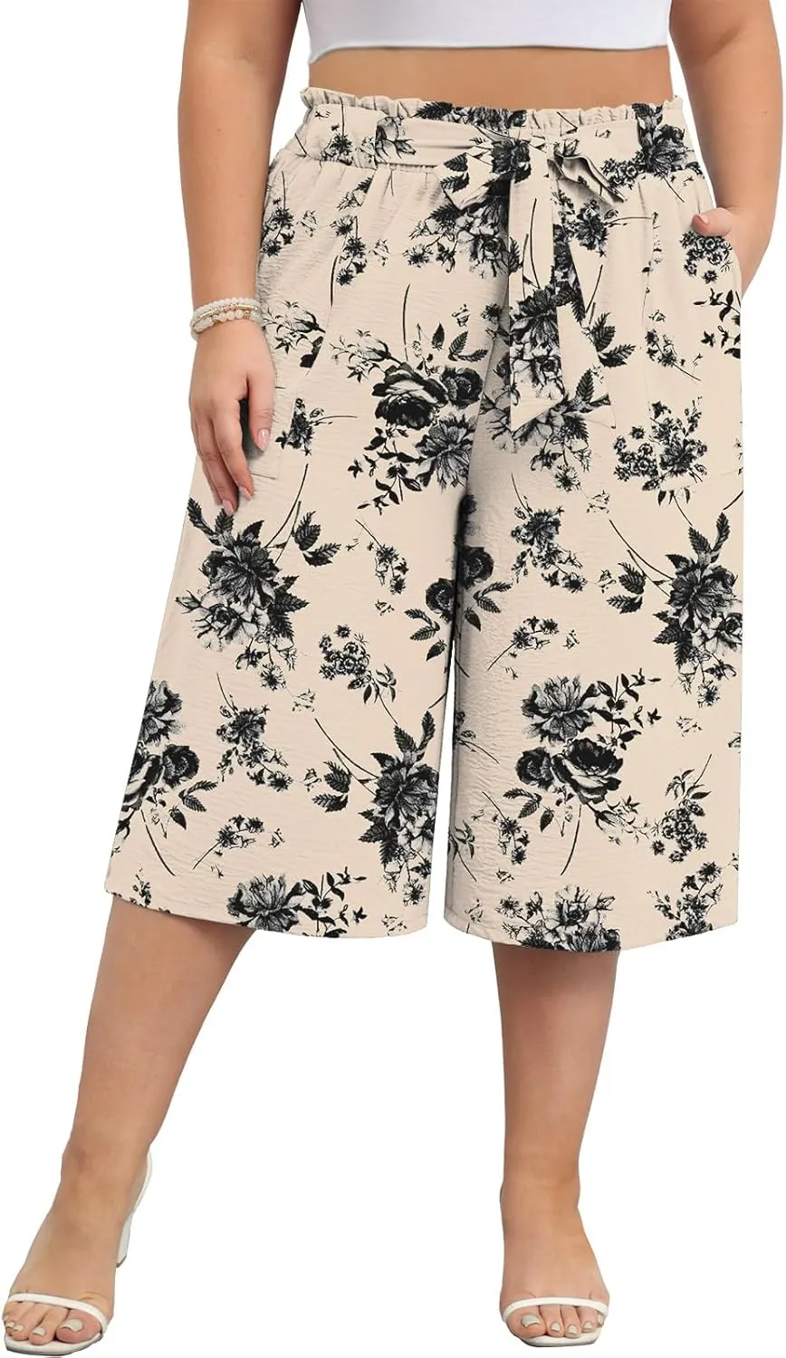 Lastshe Women's Casual Plus Size Cropped Wide-Leg Pants with Pockets High Waisted Adjustable Tie Knot Capri Palazzo Trousers