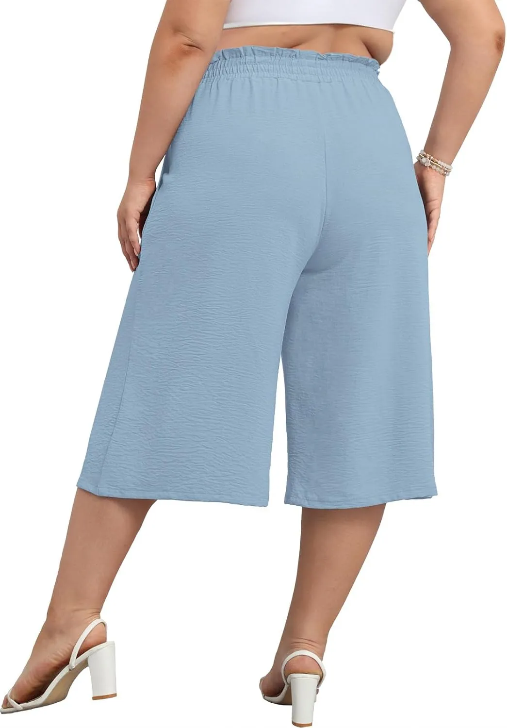Lastshe Women's Casual Plus Size Cropped Wide-Leg Pants with Pockets High Waisted Adjustable Tie Knot Capri Palazzo Trousers