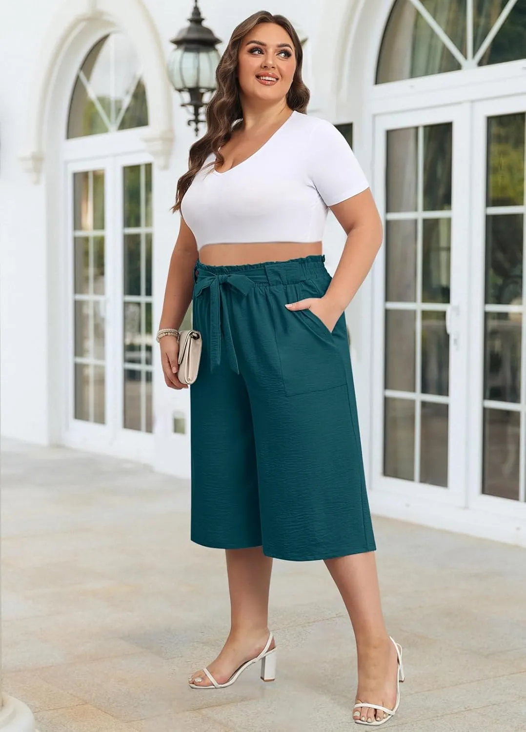 Lastshe Women's Casual Plus Size Cropped Wide-Leg Pants with Pockets High Waisted Adjustable Tie Knot Capri Palazzo Trousers