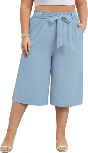 Lastshe Women's Casual Plus Size Cropped Wide-Leg Pants with Pockets High Waisted Adjustable Tie Knot Capri Palazzo Trousers
