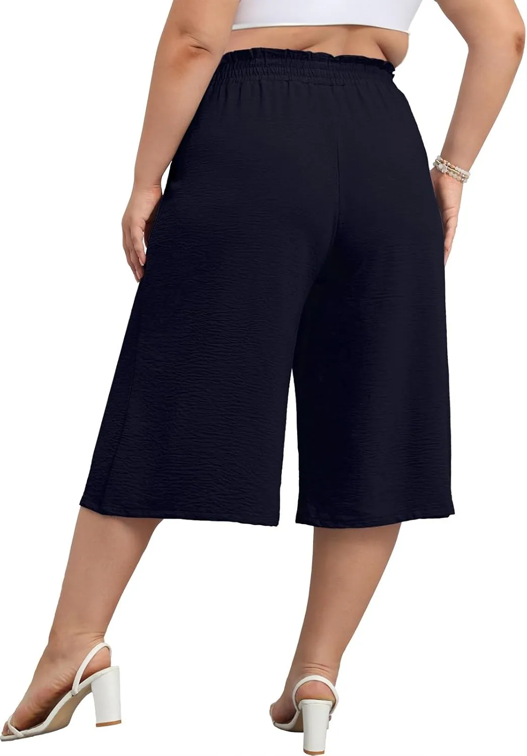 Lastshe Women's Casual Plus Size Cropped Wide-Leg Pants with Pockets High Waisted Adjustable Tie Knot Capri Palazzo Trousers