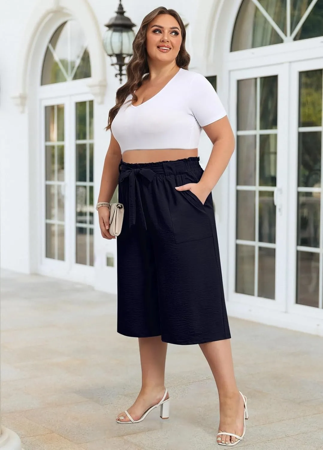 Lastshe Women's Casual Plus Size Cropped Wide-Leg Pants with Pockets High Waisted Adjustable Tie Knot Capri Palazzo Trousers
