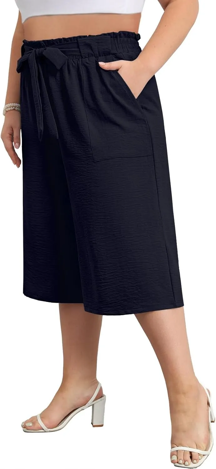 Lastshe Women's Casual Plus Size Cropped Wide-Leg Pants with Pockets High Waisted Adjustable Tie Knot Capri Palazzo Trousers