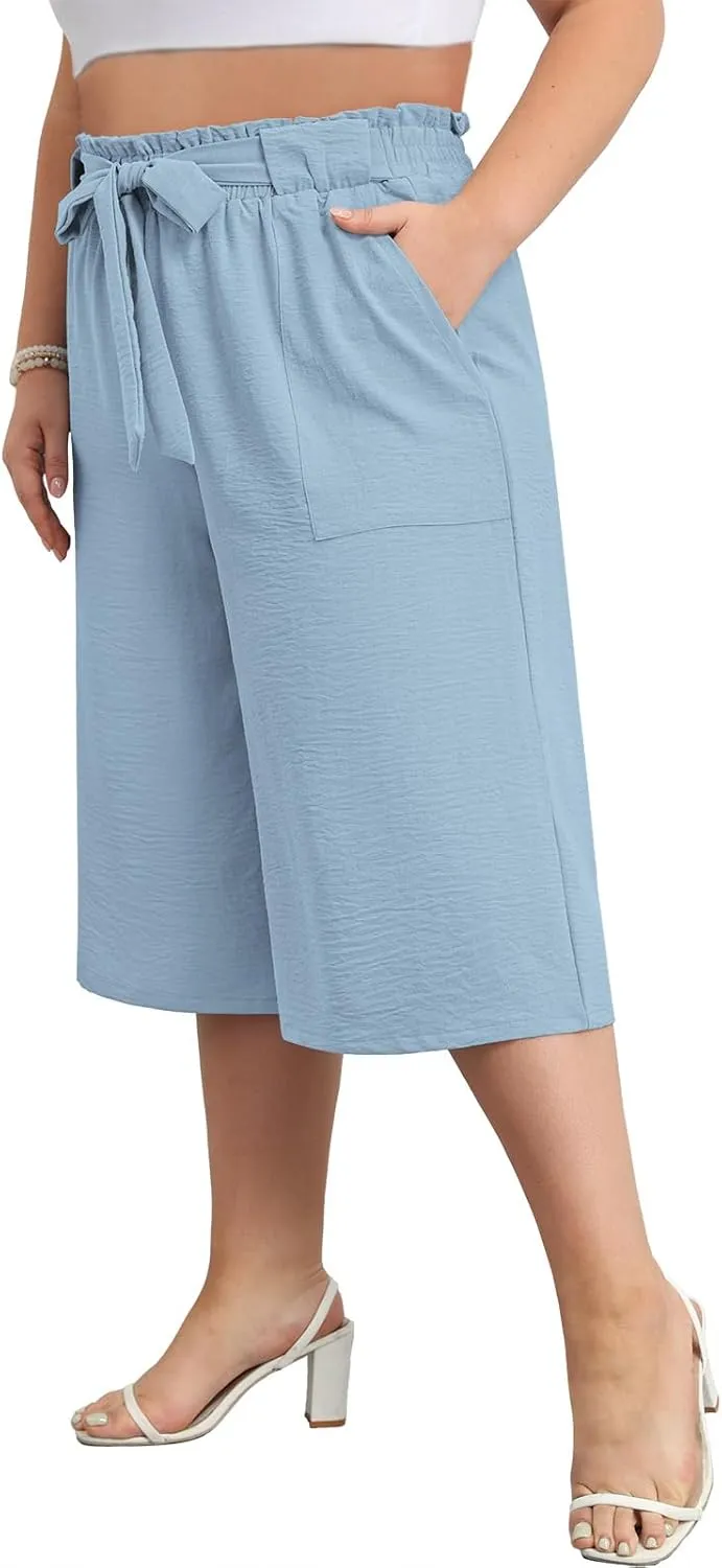 Lastshe Women's Casual Plus Size Cropped Wide-Leg Pants with Pockets High Waisted Adjustable Tie Knot Capri Palazzo Trousers