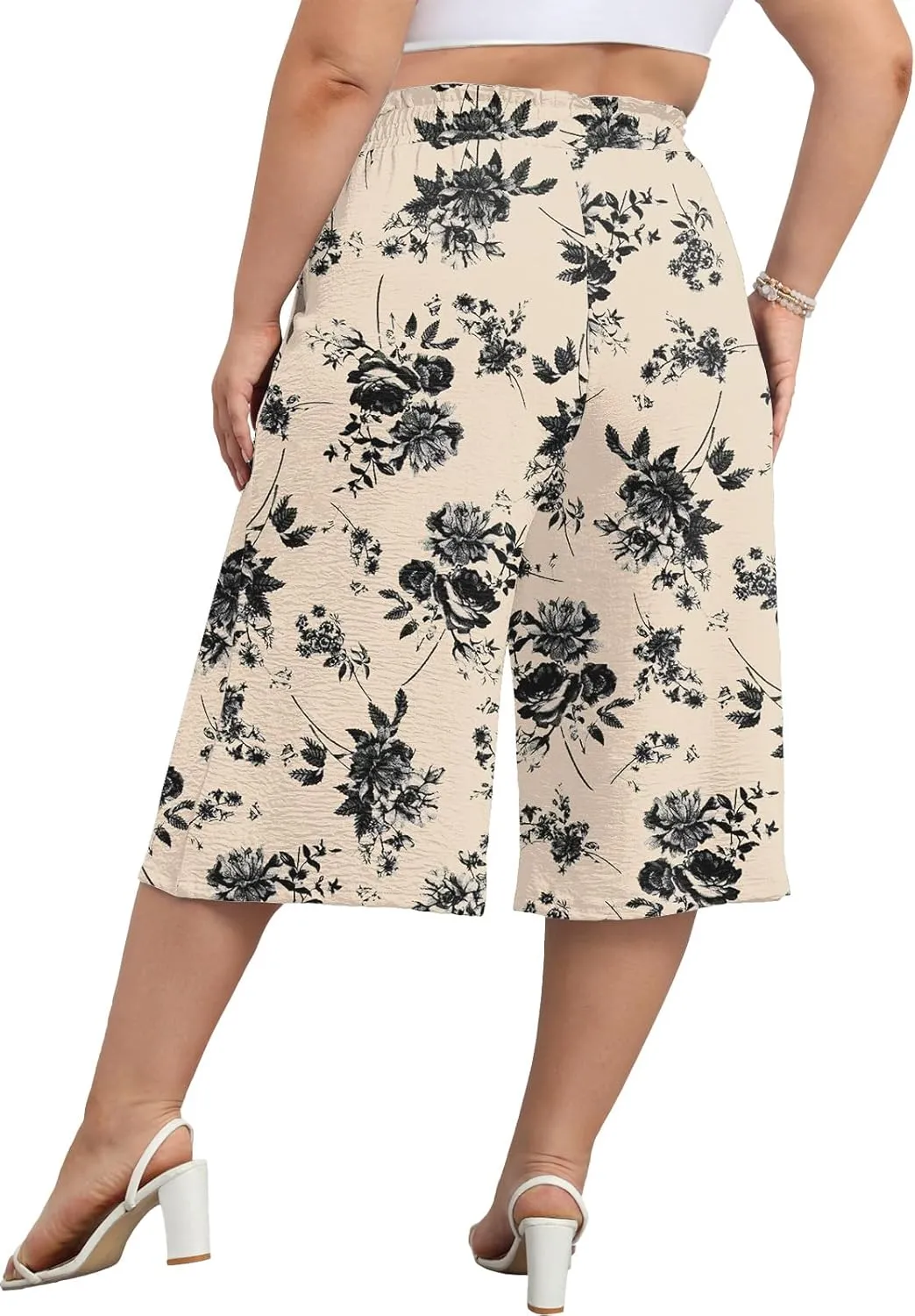 Lastshe Women's Casual Plus Size Cropped Wide-Leg Pants with Pockets High Waisted Adjustable Tie Knot Capri Palazzo Trousers