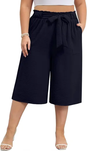 Lastshe Women's Casual Plus Size Cropped Wide-Leg Pants with Pockets High Waisted Adjustable Tie Knot Capri Palazzo Trousers