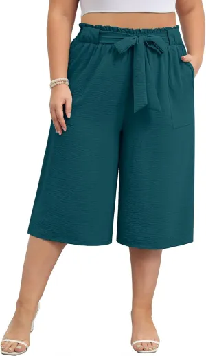 Lastshe Women's Casual Plus Size Cropped Wide-Leg Pants with Pockets High Waisted Adjustable Tie Knot Capri Palazzo Trousers