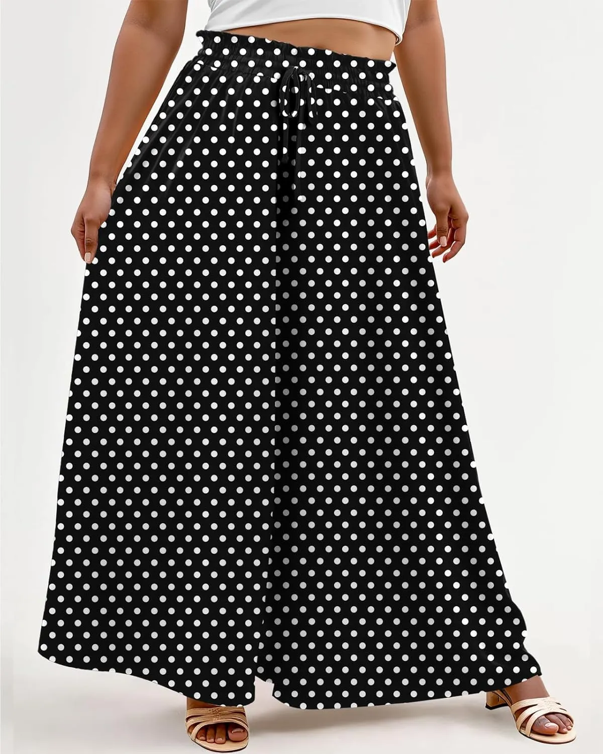 Lastshe Women's Plus Size Pants Wide Leg High Waist Flowy Casual Palazzo 2025 Summer Lounge Boho Beach Trousers Pockets