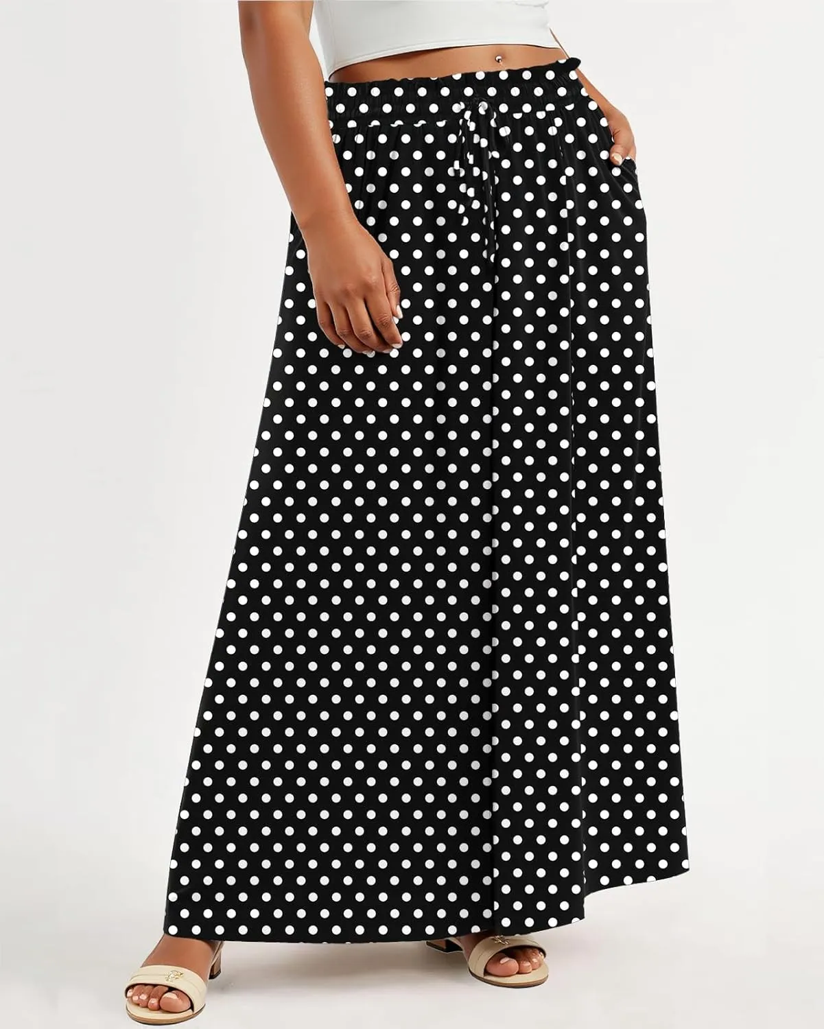 Lastshe Women's Plus Size Pants Wide Leg High Waist Flowy Casual Palazzo 2025 Summer Lounge Boho Beach Trousers Pockets