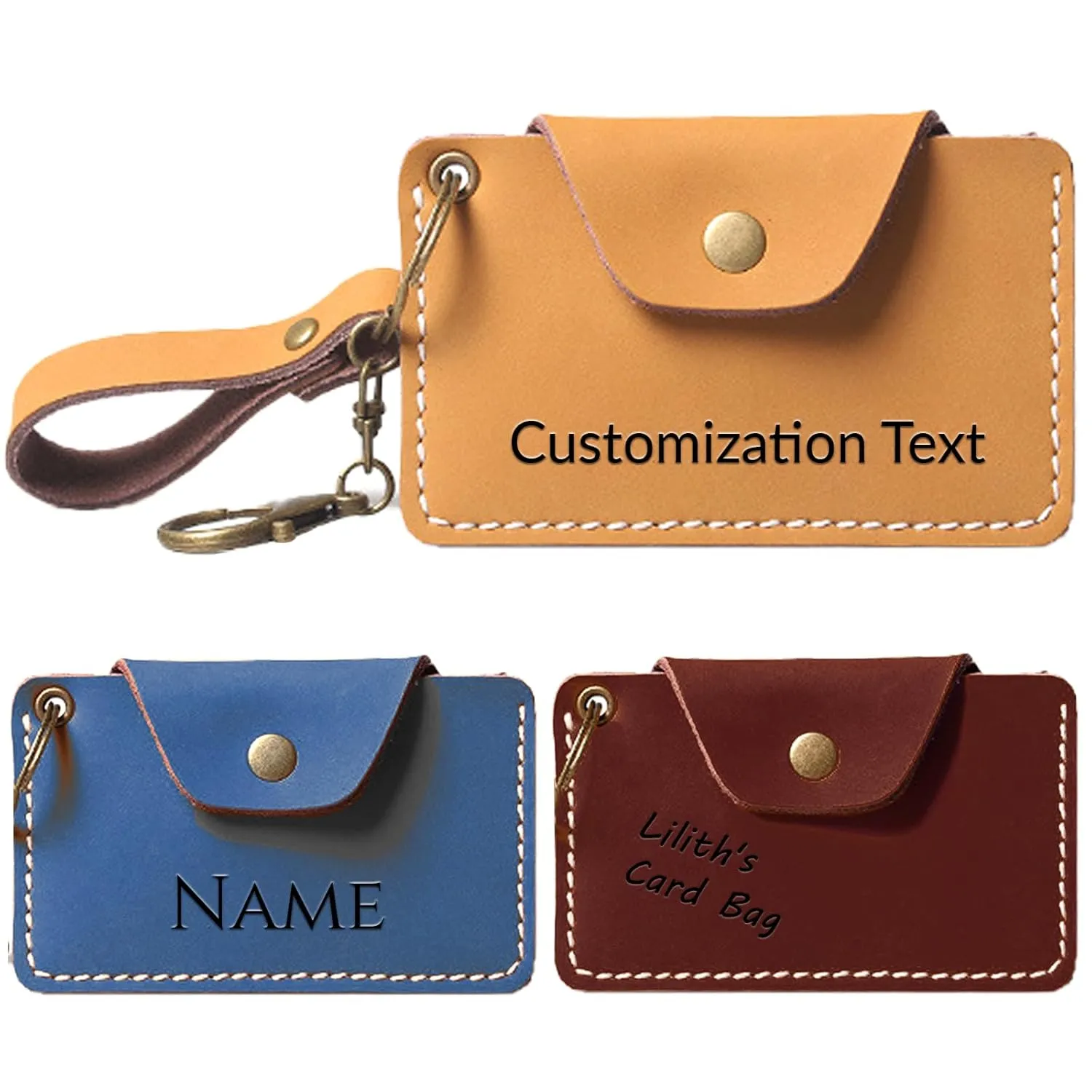 Leather Card Case Customize Minimalist Pocket Card Holder with Metal Buckle Personalized Wristlet Keychain Wallet Customizable