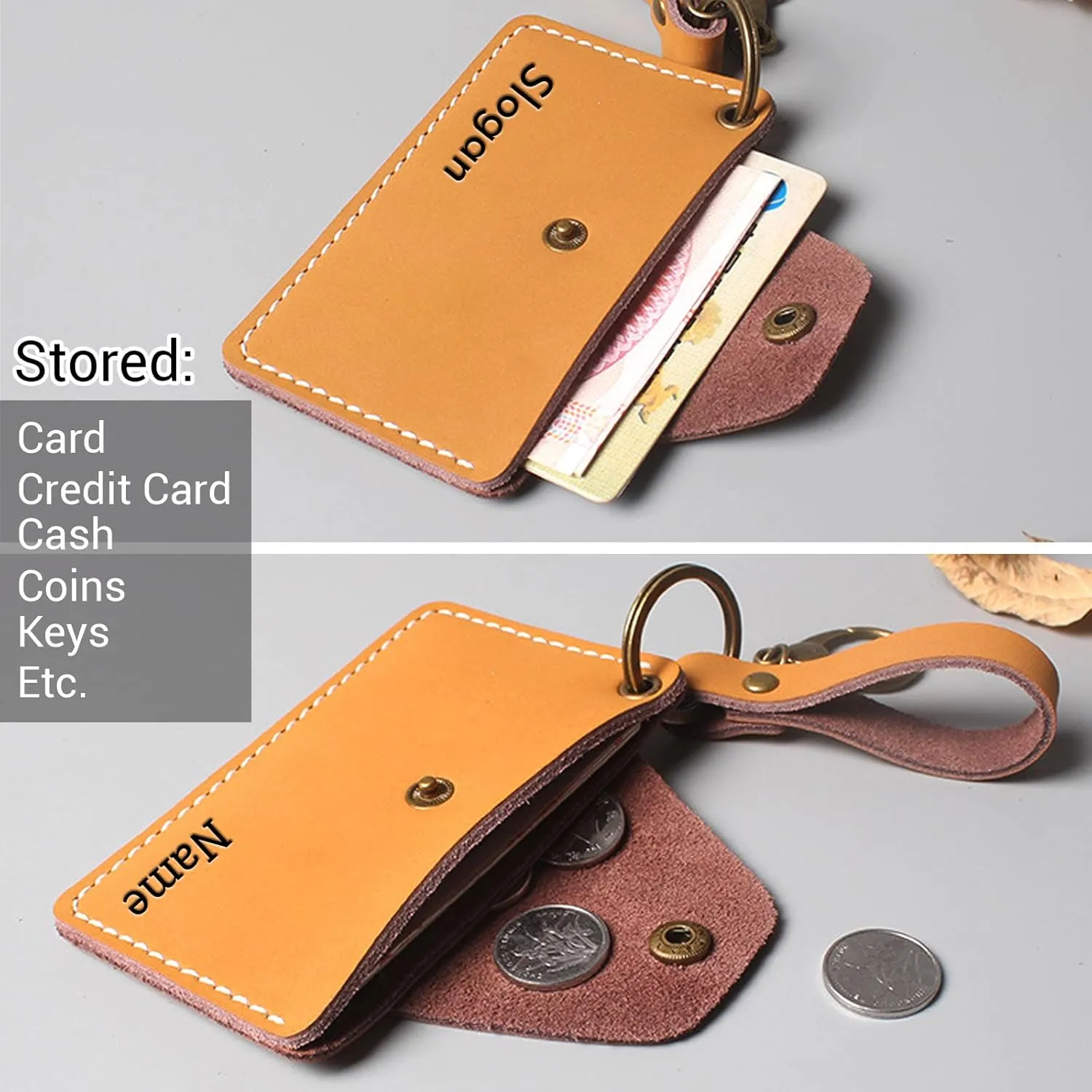 Leather Card Case Customize Minimalist Pocket Card Holder with Metal Buckle Personalized Wristlet Keychain Wallet Customizable