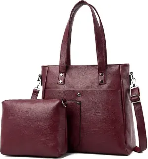 Leather Women Handbags and Purse Set Soft Shoulder Bags Medium Satchel Minimalist Ladies Tote Crossbody 2-Pcs