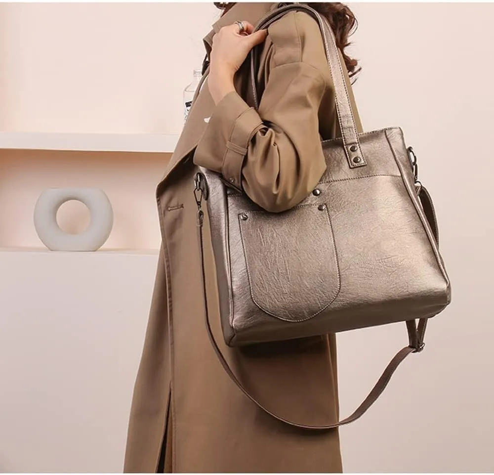 Leather Women Handbags and Purse Set Soft Shoulder Bags Medium Satchel Minimalist Ladies Tote Crossbody 2-Pcs