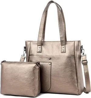 Leather Women Handbags and Purse Set Soft Shoulder Bags Medium Satchel Minimalist Ladies Tote Crossbody 2-Pcs
