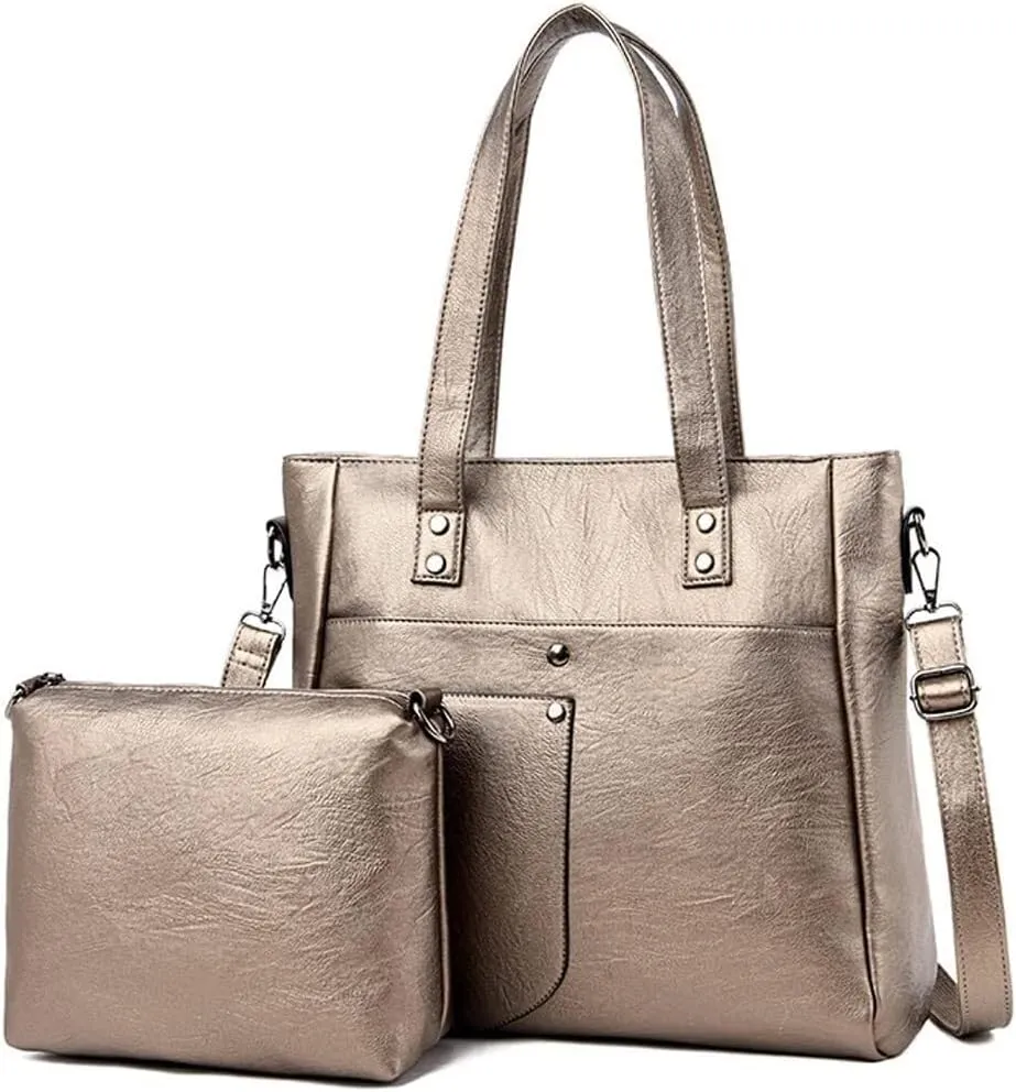 Leather Women Handbags and Purse Set Soft Shoulder Bags Medium Satchel Minimalist Ladies Tote Crossbody 2-Pcs