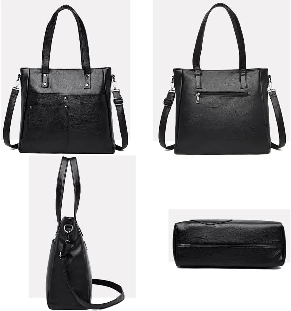 Leather Women Handbags and Purse Set Soft Shoulder Bags Medium Satchel Minimalist Ladies Tote Crossbody 2-Pcs