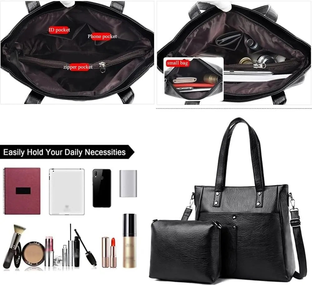 Leather Women Handbags and Purse Set Soft Shoulder Bags Medium Satchel Minimalist Ladies Tote Crossbody 2-Pcs
