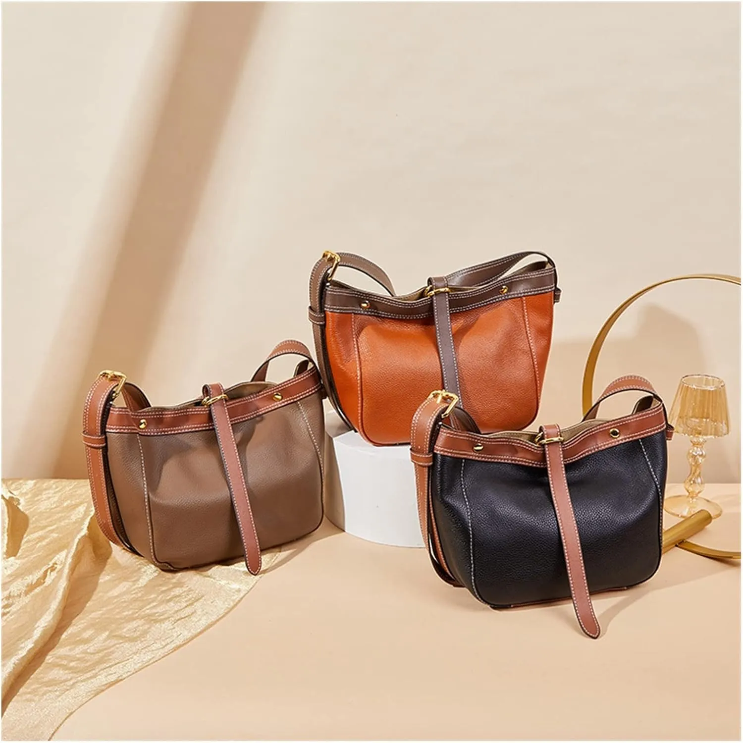 Leather Womens Bucket Bag Quality Leather Bag Soft Shoulder Messenger Bag