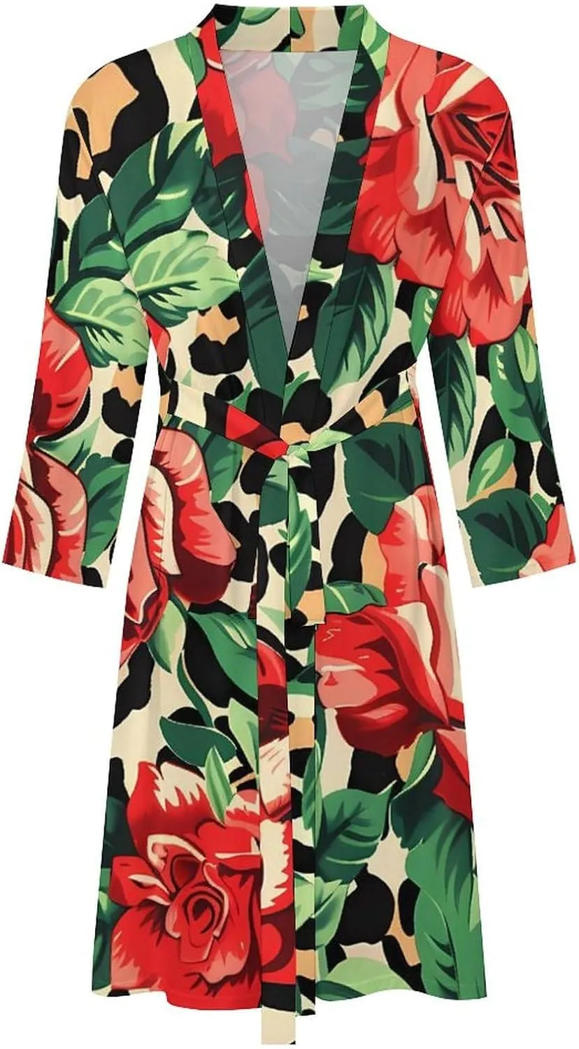 Leopard Rose Men's Bathrobes Long Sleeve Loungewear Soft Sleepwear V Neck Nightgown