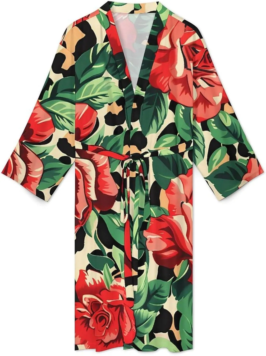 Leopard Rose Men's Bathrobes Long Sleeve Loungewear Soft Sleepwear V Neck Nightgown
