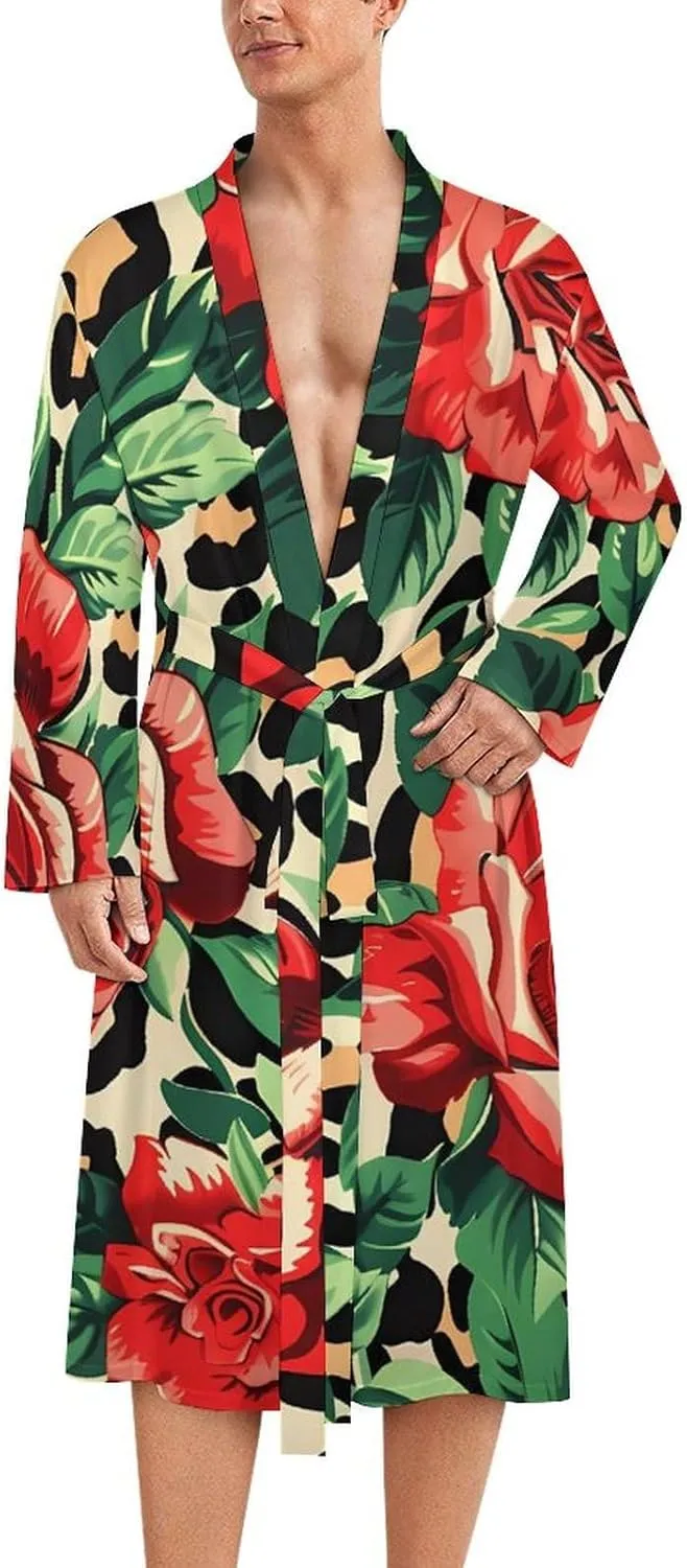 Leopard Rose Men's Bathrobes Long Sleeve Loungewear Soft Sleepwear V Neck Nightgown