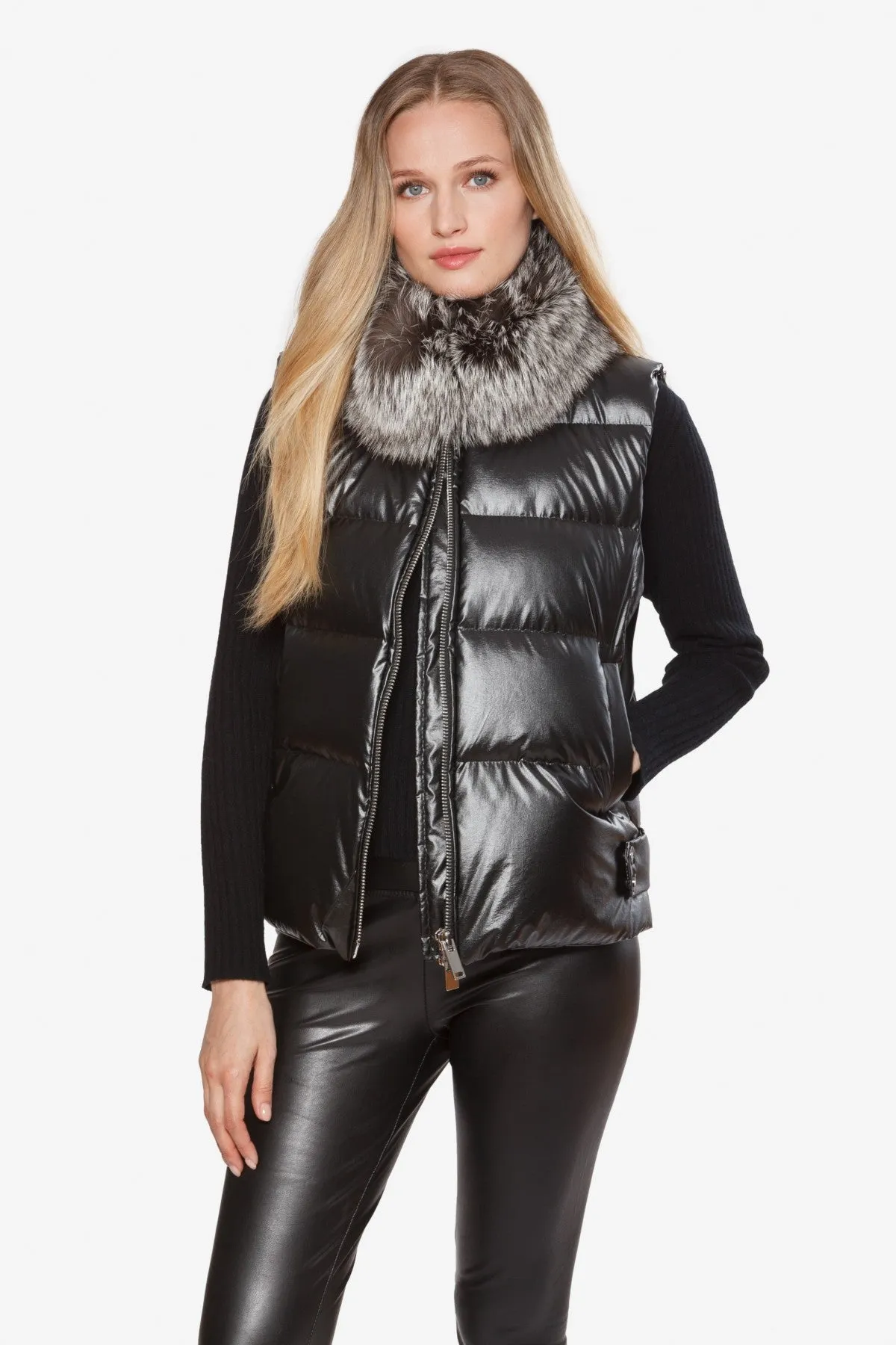 Linda Richards down vest with silver fox collar-black