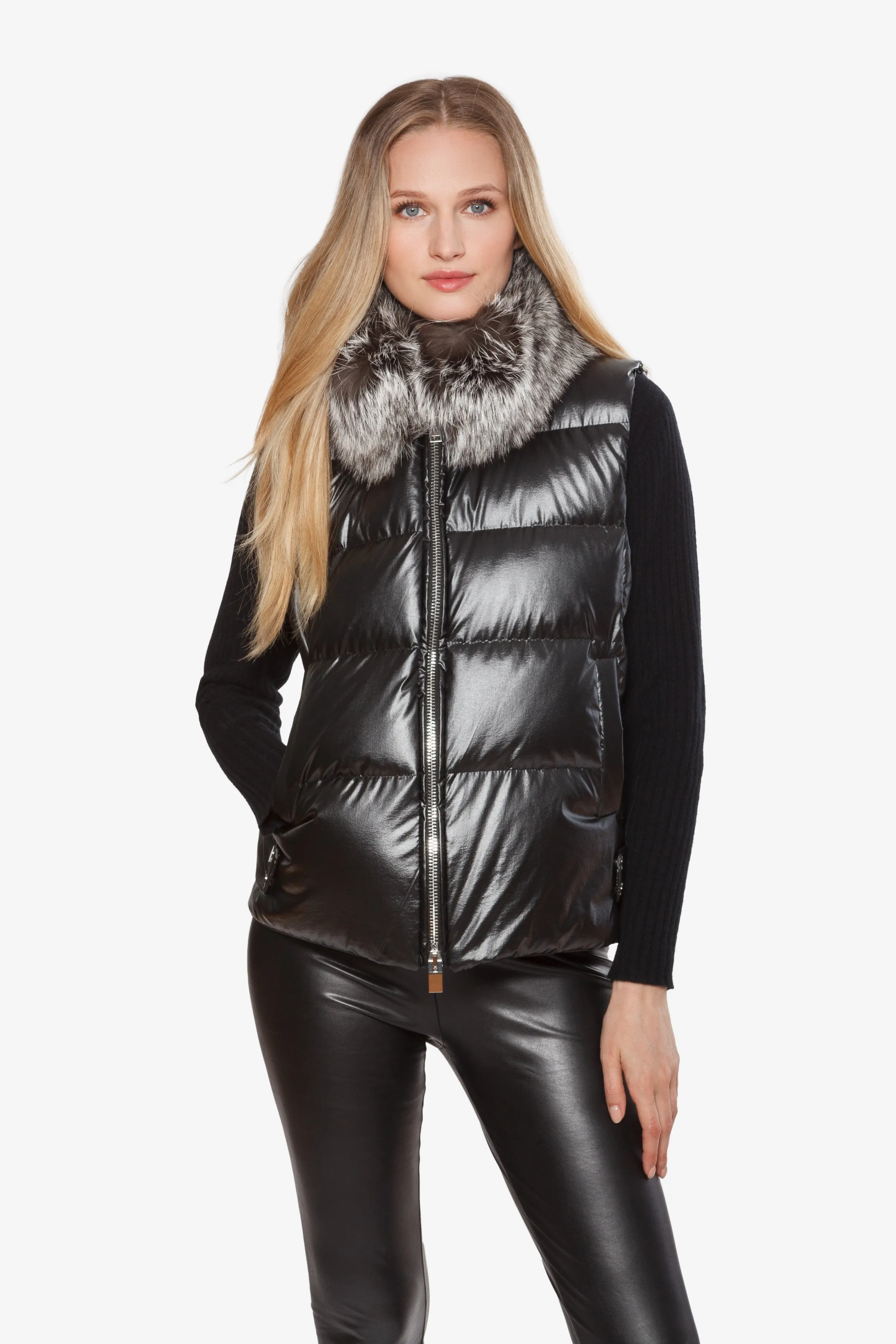 Linda Richards down vest with silver fox collar-black