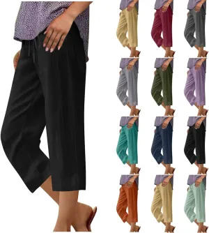 Linen Capri Pants for Women Drawstring Wide Leg Trousers Summer Comfy Casual Capris Beach Clothes with Back Pockets