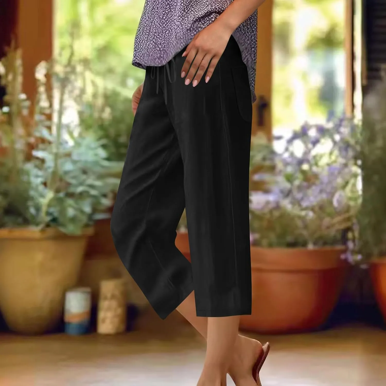 Linen Capri Pants for Women Drawstring Wide Leg Trousers Summer Comfy Casual Capris Beach Clothes with Back Pockets