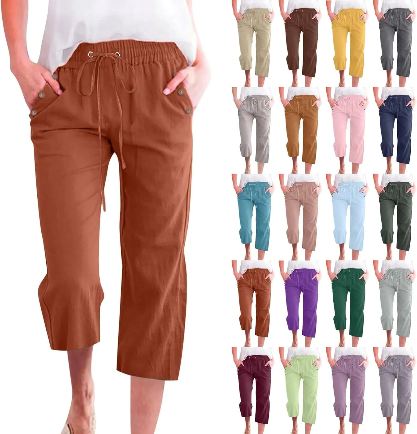 Linen Capris Pants for Women High Waisted Palazzo Trousers Casual Loose Drawstring Elasticated Beach Capris Pant with Pockets