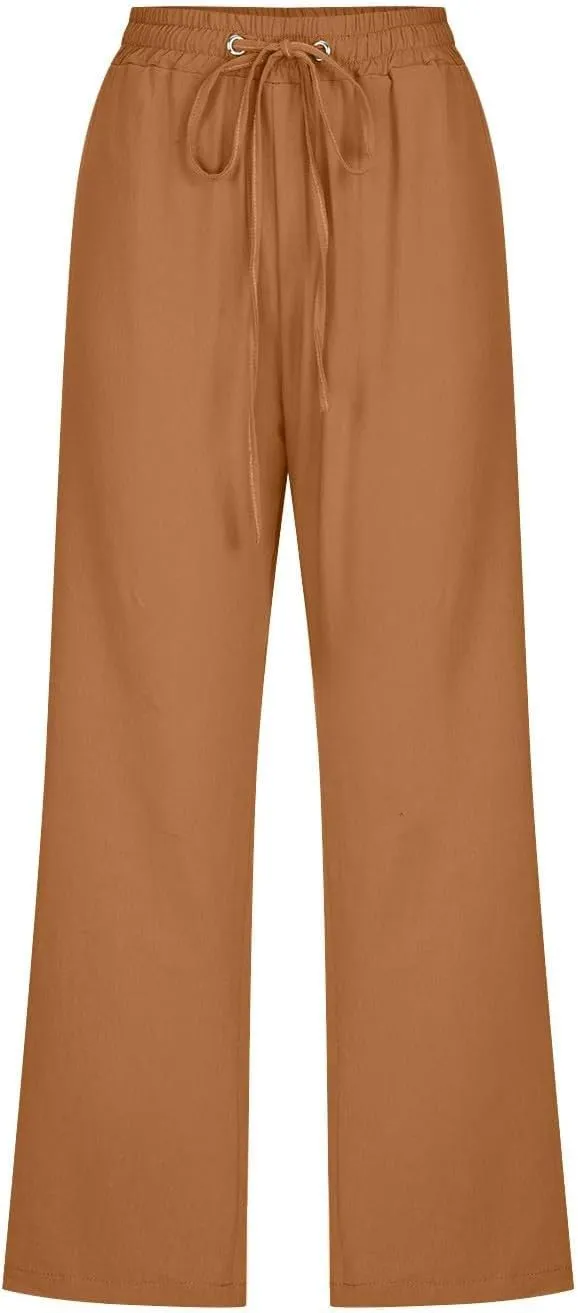 Linen Capris Pants for Women High Waisted Palazzo Trousers Casual Loose Drawstring Elasticated Beach Capris Pant with Pockets