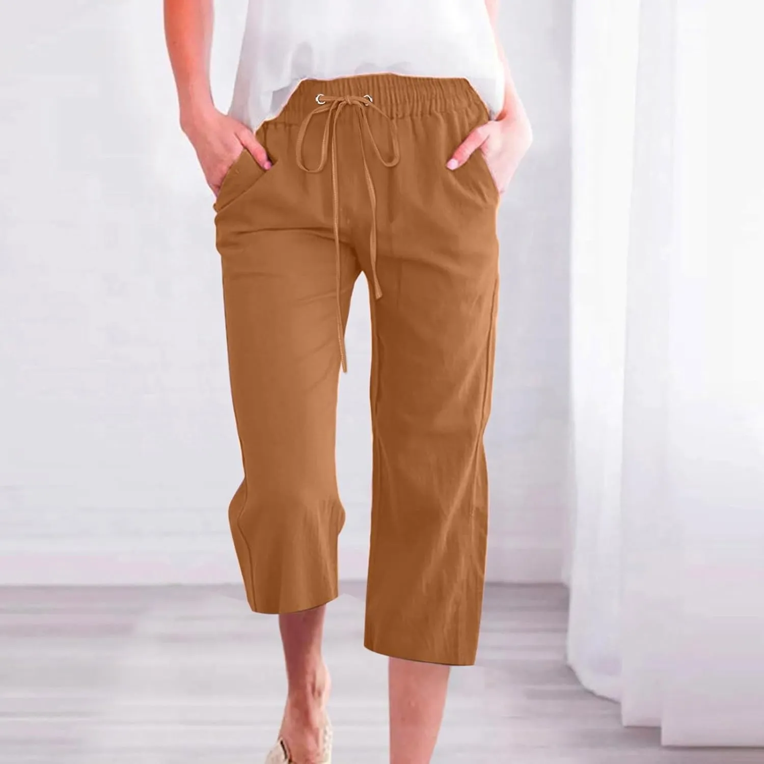 Linen Capris Pants for Women High Waisted Palazzo Trousers Casual Loose Drawstring Elasticated Beach Capris Pant with Pockets