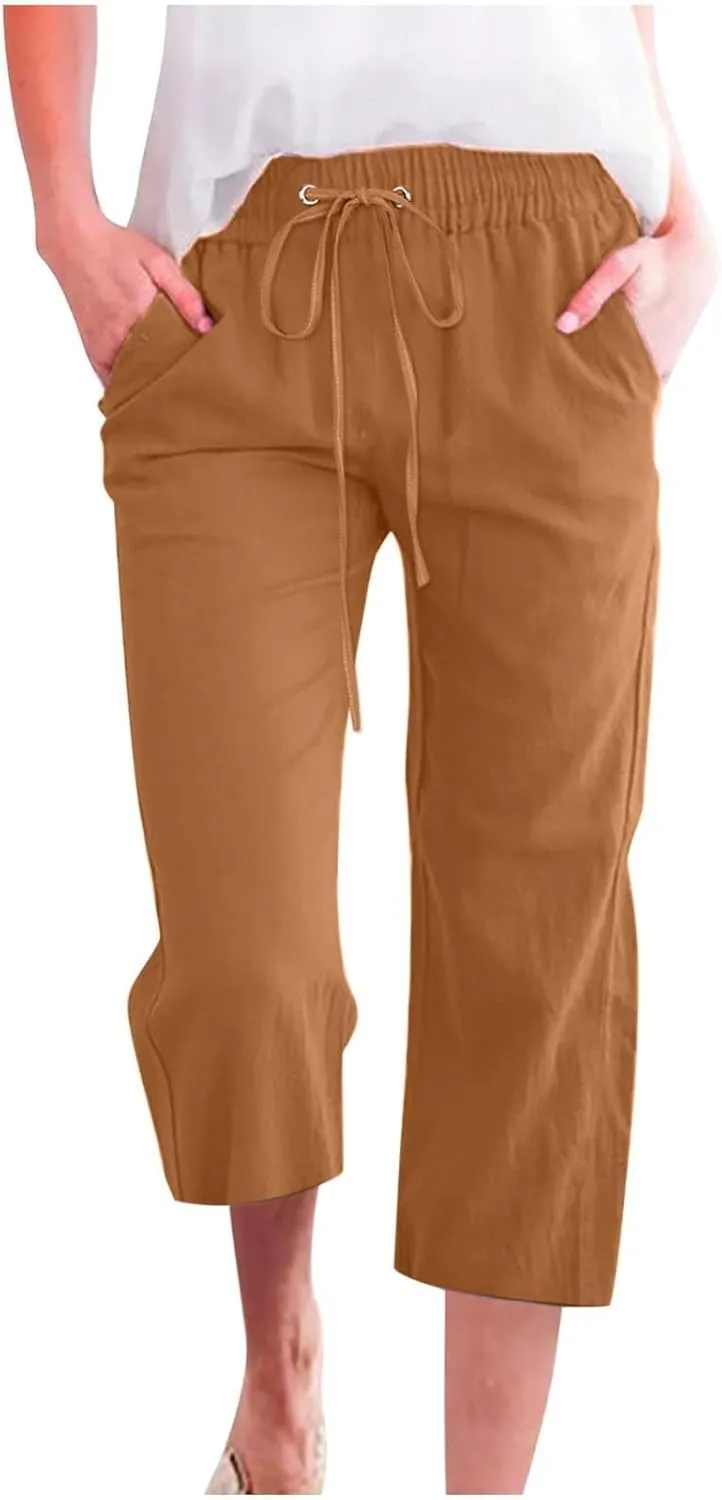 Linen Capris Pants for Women High Waisted Palazzo Trousers Casual Loose Drawstring Elasticated Beach Capris Pant with Pockets