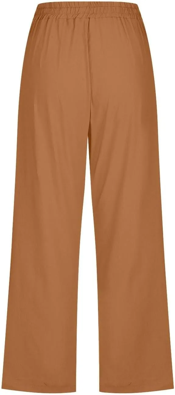 Linen Capris Pants for Women High Waisted Palazzo Trousers Casual Loose Drawstring Elasticated Beach Capris Pant with Pockets