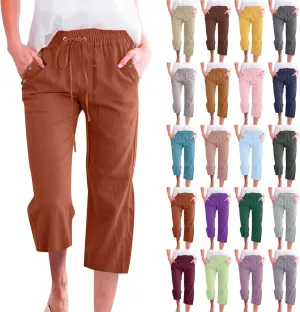 Linen Capris Pants for Women High Waisted Palazzo Trousers Casual Loose Drawstring Elasticated Beach Capris Pant with Pockets