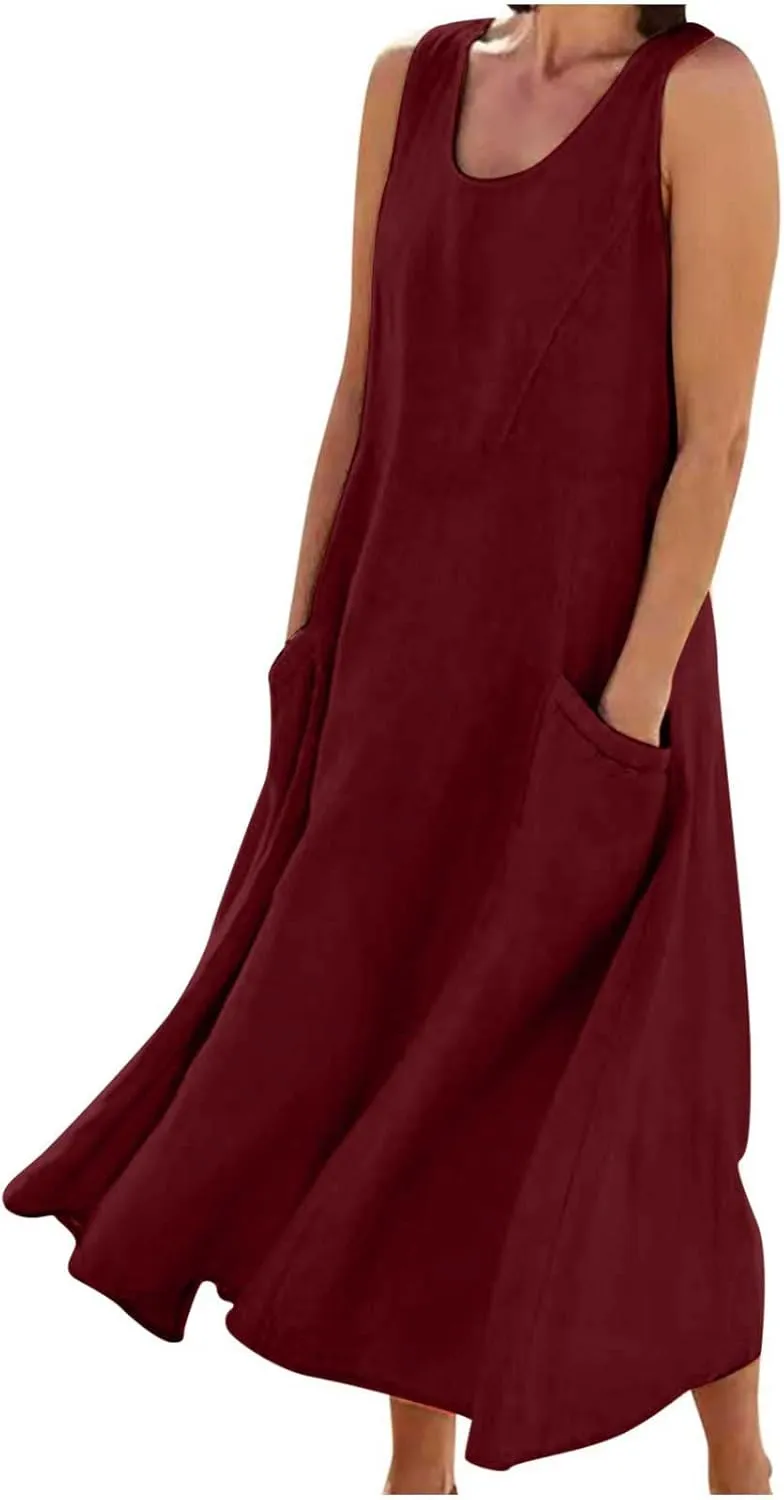 Linen Dresses for Women 2025 Summer Casual Sleeveless Sundress Loose Flowy Beach Vacation Midi Dress with Pockets