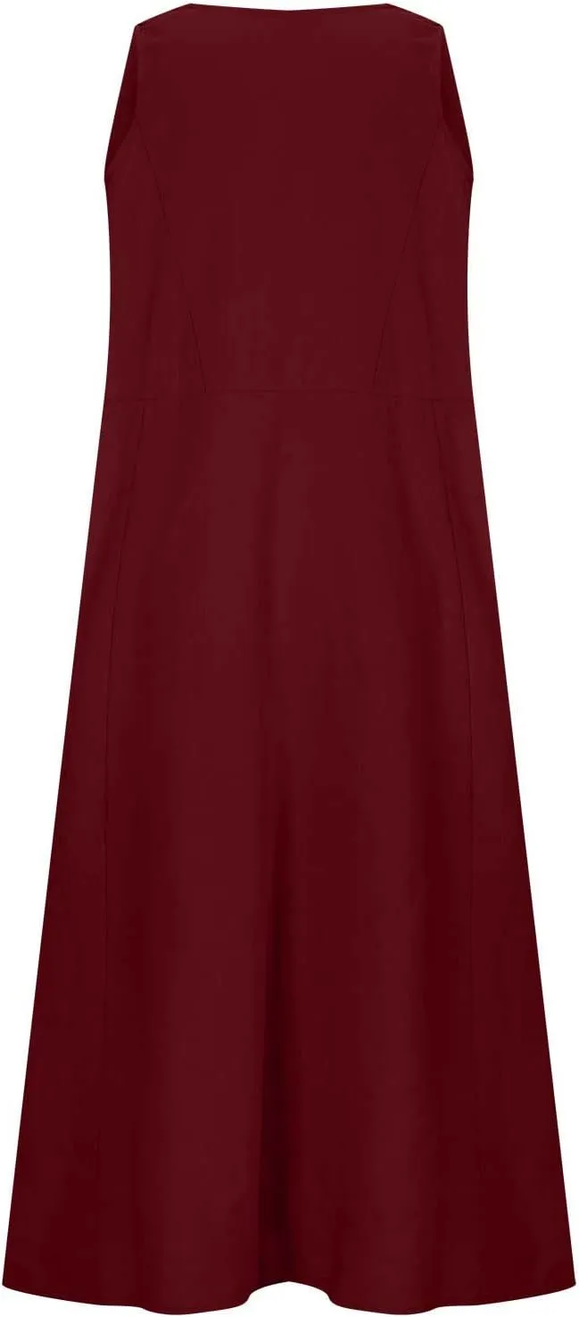 Linen Dresses for Women 2025 Summer Casual Sleeveless Sundress Loose Flowy Beach Vacation Midi Dress with Pockets