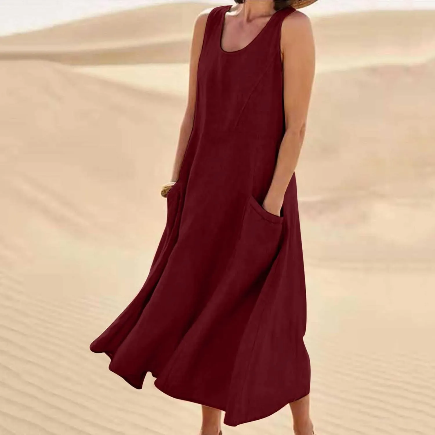 Linen Dresses for Women 2025 Summer Casual Sleeveless Sundress Loose Flowy Beach Vacation Midi Dress with Pockets