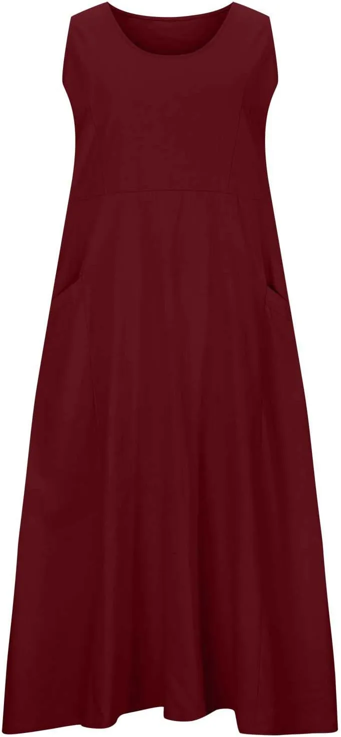 Linen Dresses for Women 2025 Summer Casual Sleeveless Sundress Loose Flowy Beach Vacation Midi Dress with Pockets