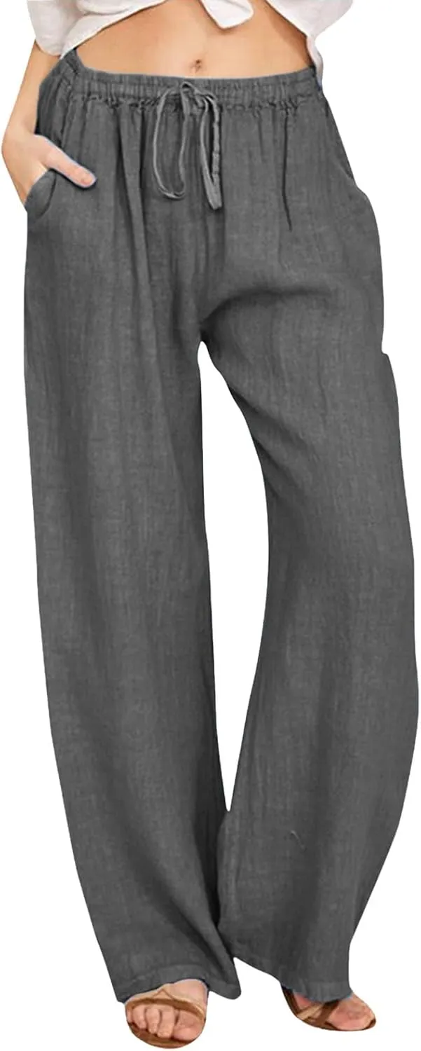 Linen Pants for Women 2025 Summer Wide Leg Palazzo Pants Comfy Drawstring High Waist Casual Beach Trousers Pockets